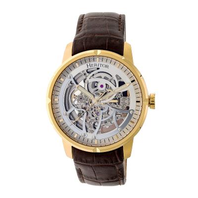 Heritor Automatic Ryder Skeleton Leather-Band Watch - Brown/Gold